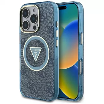 Guess IML Metal Glitter 4G Circle Triangle MagSafe Case for iPhone 16 Pro (Blue)