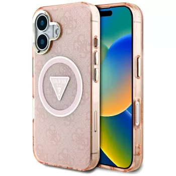 Guess IML Metal Glitter 4G Circle Triangle MagSafe Case for iPhone 16 (Pink)
