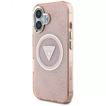 Guess IML Metal Glitter 4G Circle Triangle MagSafe Case for iPhone 16 (Pink)