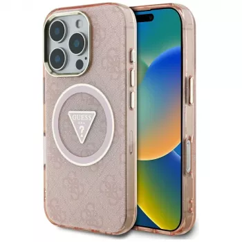 Guess IML Metal Glitter 4G Circle Triangle MagSafe Back Cover for Apple iPhone 16 Pro (Pink)