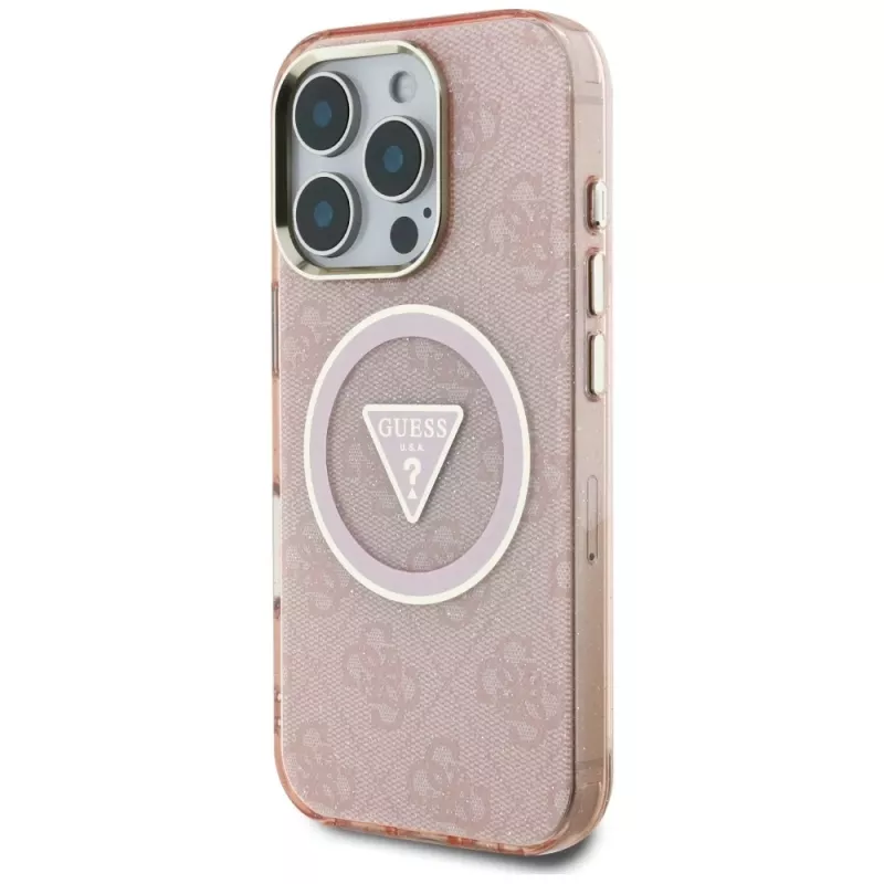Guess IML Metal Glitter 4G Circle Triangle MagSafe Case for Apple iPhone 16 Pro Max (Pink)
