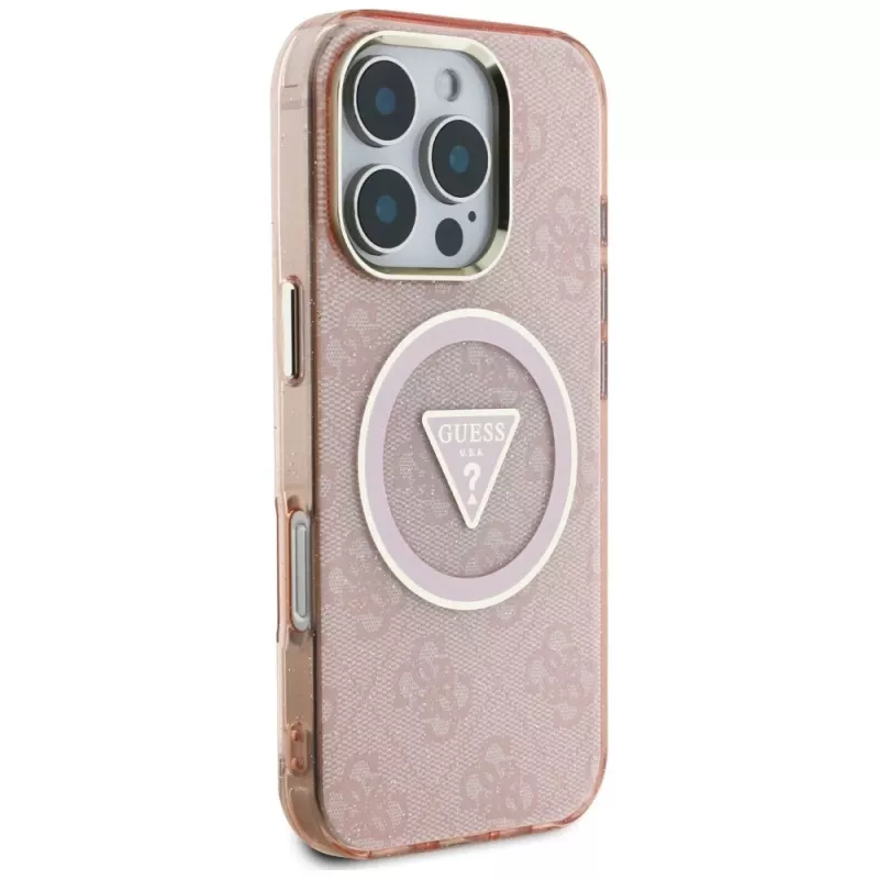 Guess IML Metal Glitter 4G Circle Triangle MagSafe Case for Apple iPhone 16 Pro Max (Pink)