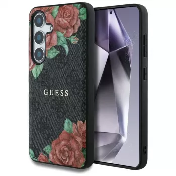 Guess Leather 4G Flowers Print Metal Classic Logo MagSafe Case for Samsung Galaxy S25, Black