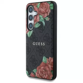 Guess Leather 4G Flowers Print Metal Classic Logo MagSafe Case for Samsung Galaxy S25, Black
