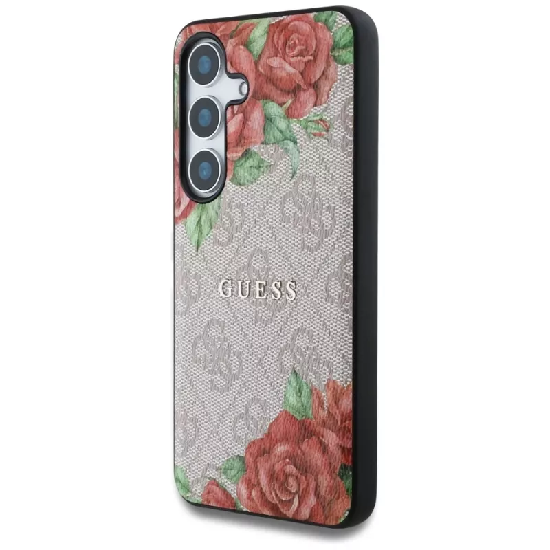 Guess Leather 4G Flowers Print Metal Classic Logo MagSafe Case for Samsung Galaxy S25 Pink