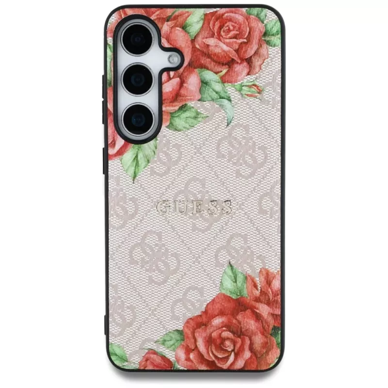 Guess Leather 4G Flowers Print Metal Classic Logo MagSafe Case for Samsung Galaxy S25 Pink