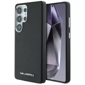 Karl Lagerfeld Saffiano Full-Wrapped Elongated Metal Logo MagSafe Case for Samsung Galaxy S25 Ultra, Black