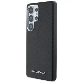 Karl Lagerfeld Saffiano Full-Wrapped Elongated Metal Logo MagSafe Case for Samsung Galaxy S25 Ultra, Black
