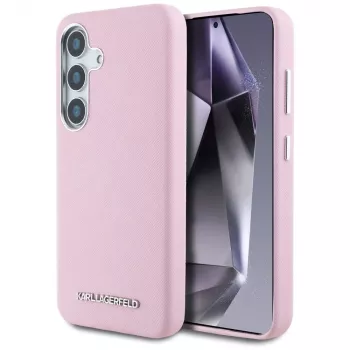 Karl Lagerfeld Saffiano FullWrapped Elongated Metal Logo MagSafe Case for Samsung Galaxy S25+ Pink