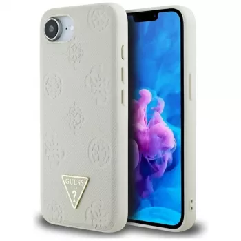 Guess Grained Hot Stamp Peony Triangle Logo MagSafe Case for iPhone 16e (Beige)
