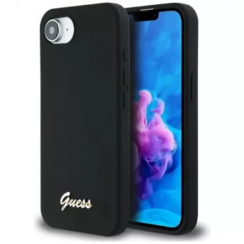 Guess Silicone Script Metal Logo MagSafe Case for iPhone 16e (Black)