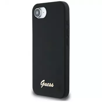Guess Silicone Script Metal Logo MagSafe Case for iPhone 16e (Black)