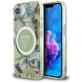 Guess IML Metal Glitter Flowers Triangle MagSafe Back Cover for Apple iPhone 16e, Green
