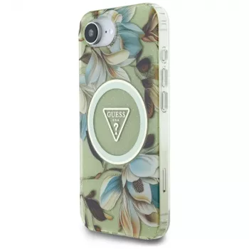 Guess IML Metal Glitter Flowers Triangle MagSafe Back Cover for Apple iPhone 16e, Green