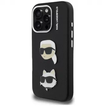 KARL LAGERFELD FW Grained Karl & Choupette Heads Pins Case for iPhone 16 Pro, Black