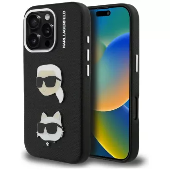 KARL LAGERFELD FW Grained Karl & Choupette Heads Pins Case for iPhone 16 Pro Max, Black