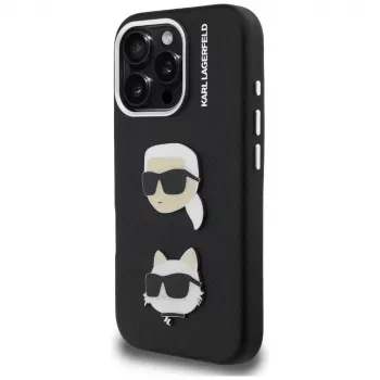 KARL LAGERFELD FW Grained Karl & Choupette Heads Pins Case for iPhone 16 Pro Max, Black