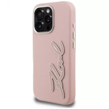 KARL LAGERFELD FW Grained Signature Logo Hard Case for iPhone 16 Pro, Pink