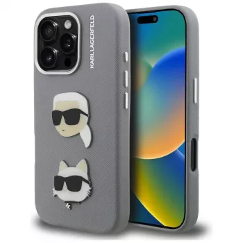Karl Lagerfeld FW Grained Karl & Choupette Heads Pins Case for iPhone 16 Pro Grey