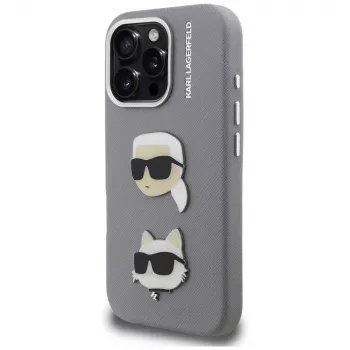 Karl Lagerfeld FW Grained Karl & Choupette Heads Pins Case for iPhone 16 Pro Grey