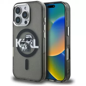 Karl Lagerfeld IML Glitter Karl & Choupette Sketch Logo MagSafe Case for iPhone 16 Pro Max Black