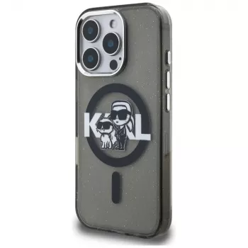 Karl Lagerfeld IML Glitter Karl & Choupette Sketch Logo MagSafe Case for iPhone 16 Pro Max Black