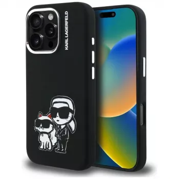 KARL LAGERFELD Silicone Karl & Choupette Sketch MagSafe Case for Apple iPhone 16 Pro, Black