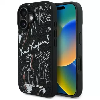 KARL LAGERFELD Grained Pattern & Logo MagSafe Case for iPhone 16, Black