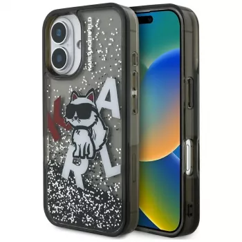KARL LAGERFELD Liquid Glitter Choupette Logo Case for iPhone 16, Black