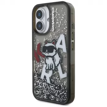 KARL LAGERFELD Liquid Glitter Choupette Logo Case for iPhone 16, Black
