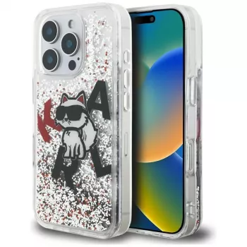Karl Lagerfeld Liquid Glitter Choupette Logo Case for Apple iPhone 16 Pro Max, Transparent