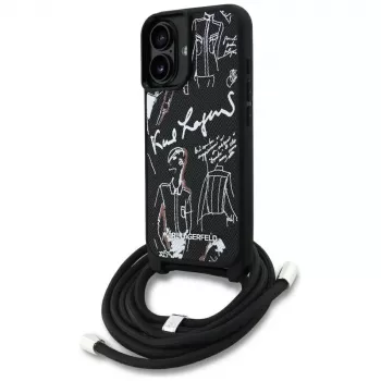 Karl Lagerfeld Crossbody GrainedPattern & Logo Case for iPhone 16, Black
