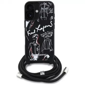Karl Lagerfeld Crossbody GrainedPattern & Logo Case for iPhone 16, Black