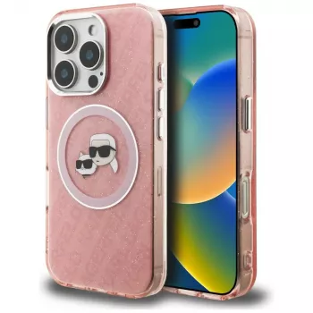 Karl Lagerfeld IML Glitter Karl & Choupette Heads Logo MagSafe Case for iPhone 16 Pro Pink