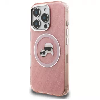 Karl Lagerfeld IML Glitter Karl & Choupette Heads Logo MagSafe Case for iPhone 16 Pro Pink