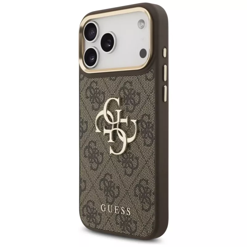 Guess 4G Big Classic Logo BigStrap Metal Buttons Case for iPhone 17 Pro Max, Brown