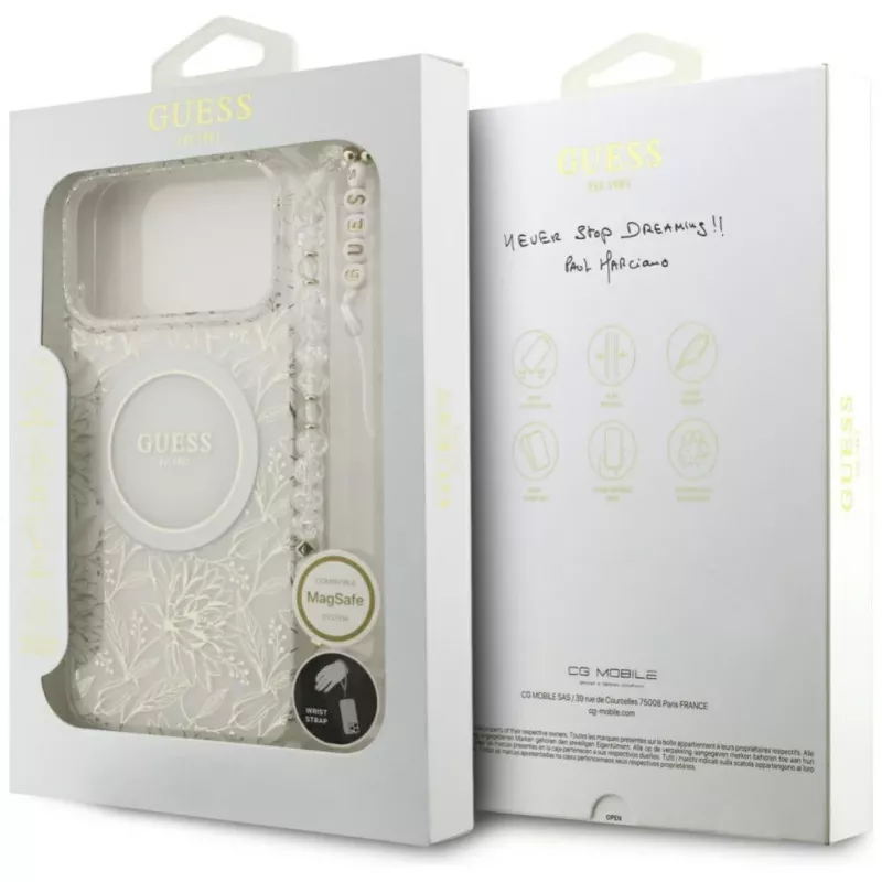 Guess IML Flowers Electro Pearl Strap MagSafe Case for iPhone 17 Pro Max White