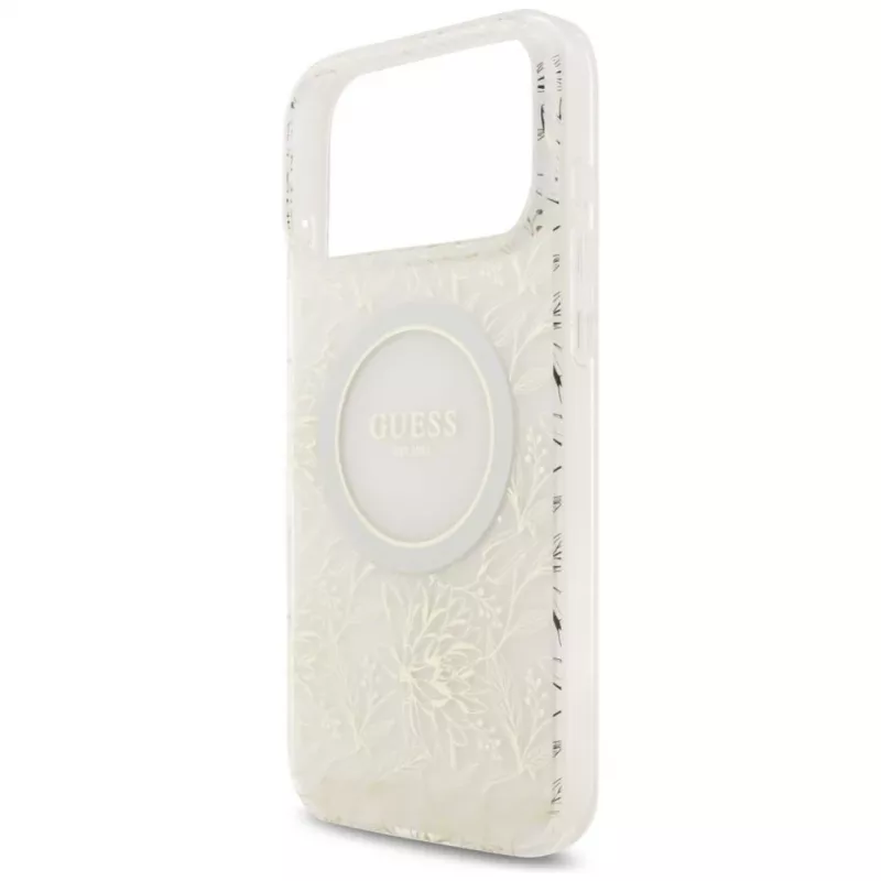 Guess IML Flowers Electro Pearl Strap MagSafe Case for iPhone 17 Pro Max White