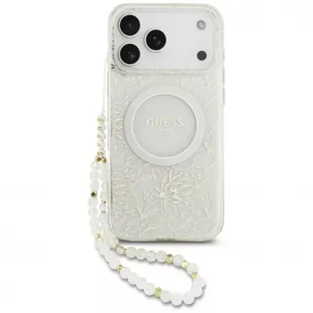 Guess IML Flowers Electro Pearl Strap MagSafe Case for iPhone 17 Pro Max White