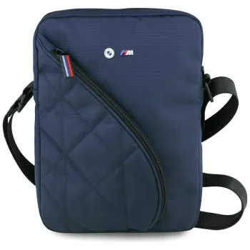 BMW Nylon Shoulder Bag with Pockets and Metal Logo, 10 inch, Navy Blue