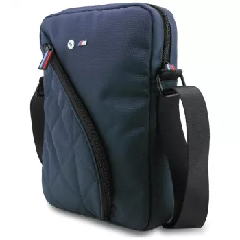 BMW Nylon Shoulder Bag with Pockets and Metal Logo, 10 inch, Navy Blue