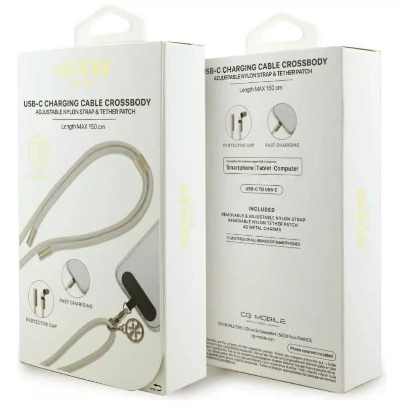 Guess Crossbody Strap 4G Charm - Universal Phone Strap / USB-C to USB-C Cable 1.5m (Beige)