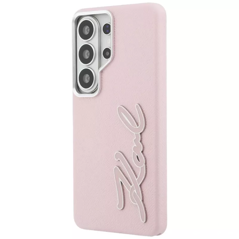 KARL LAGERFELD Grained Signature Metal Resin Logo Case for Samsung Galaxy S26 Ultra, Pink