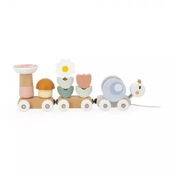 Janod Sweet Cocoon Magnetic Stacking Train Snail Pull-Along Toy with Blocks and Rattle, 12m+