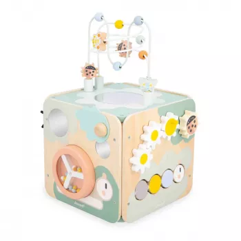 Janod Sweet Cocoon Multi-Activity Cube with Bead Maze, Shape Sorter, Abacus, Gears, Sliding Elements, Rotating Blocks, Stacking Game - FSC Certified Wood, Pastel Colors, Ages 18 Months to 3 Years