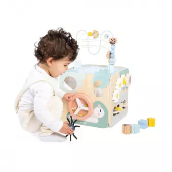 Janod Sweet Cocoon Multi-Activity Cube with Bead Maze, Shape Sorter, Abacus, Gears, Sliding Elements, Rotating Blocks, Stacking Game - FSC Certified Wood, Pastel Colors, Ages 18 Months to 3 Years