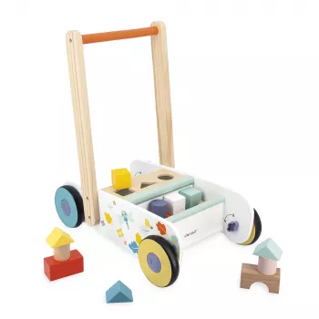 Janod Pure Push Walker with Building Blocks and Shape Sorter, 12m+