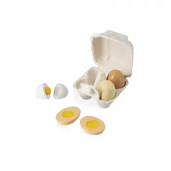 Janod Pressed Cardboard Egg Carton with 4 Wooden Eggs - Pretend Play Food Set