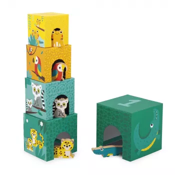 Janod Tropik Stacking Tower with 5 Cubes and 3 Wooden Figures, 12m+