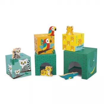 Janod Tropik Stacking Tower with 5 Cubes and 3 Wooden Figures, 12m+